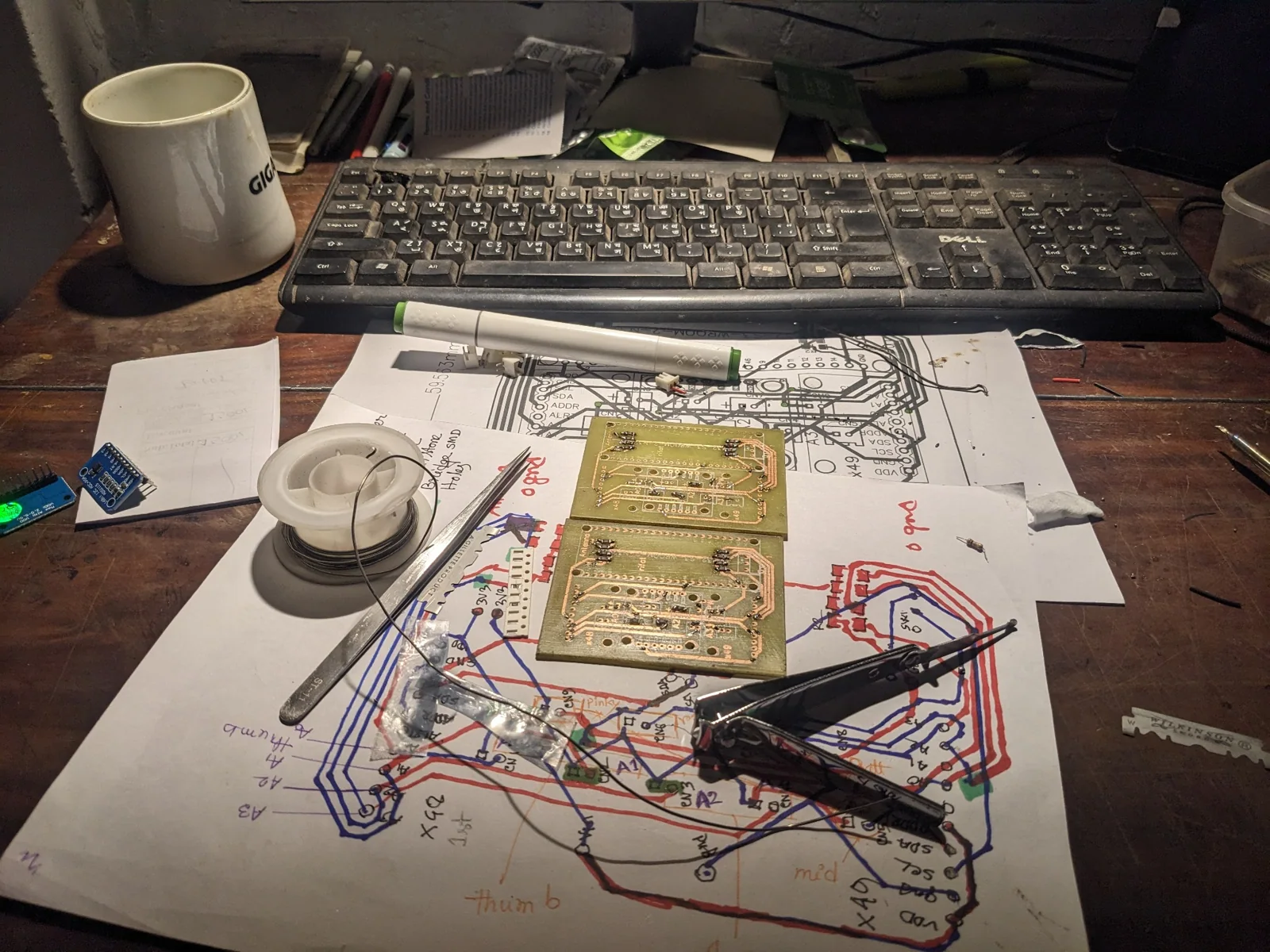 Wearable-sensing electronics and assembly work from the data-glove development archive. This is a development-stage photograph, not a labelled final thesis configuration.