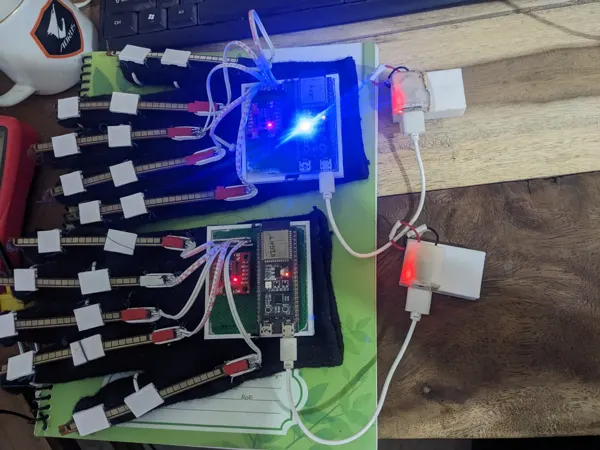 An early data-glove assembly with its electronics connected.