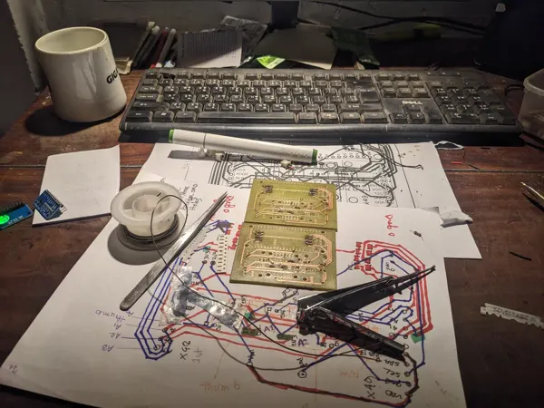 Wearable-sensing electronics and assembly work from the data-glove development archive. This is a development-stage photograph, not a labelled final thesis configuration.