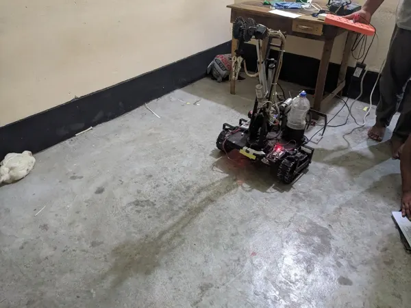 An earlier robot prototype prepared for an indoor demonstration.