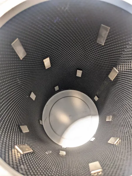 Inside the cylindrical air-filtration prototype.