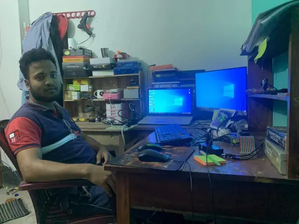 An early room-based electronics workspace.