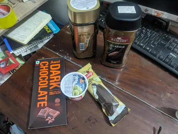 Ingredients gathered for a coffee experiment.