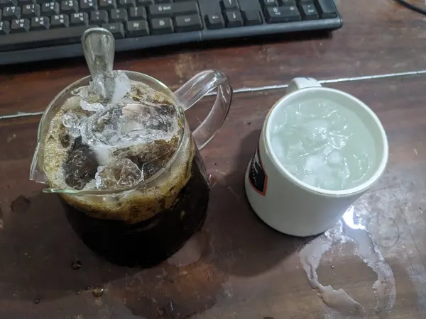 Cold coffee and milk during an ordinary break.