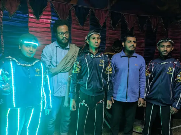 Wearable lighting during a stage-costume demonstration.