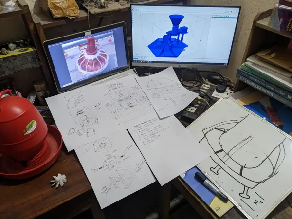 Sketches and digital-model development for the feeder.
